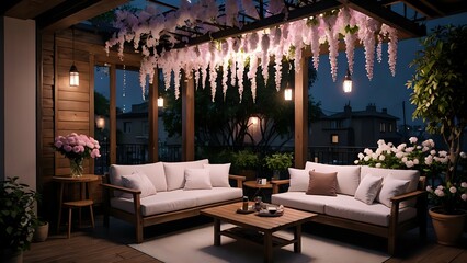 Serene nighttime patio scene with wooden furniture, soft lighting, and beautiful wisteria hanging from a pergola. Perfect for relaxation and tranquility.