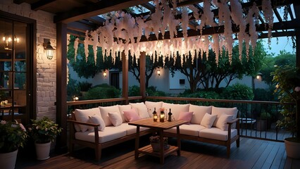 Serene evening patio scene with a wooden sectional sofa, illuminated by warm lights under a pergola adorned with faux wisteria. Perfect for relaxation and outdoor living.