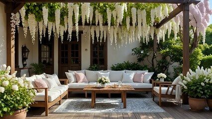 Serene outdoor patio scene with white wisteria hanging over wooden furniture. Luxurious and peaceful setting perfect for relaxation.