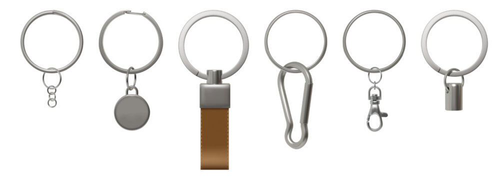 3D keychains. Metal ring for keys. Silver keyholder. Privacy protection. Realistic keyring with leather pendant. Stainless steel accessory. Carbine trinket. Door openers vector set