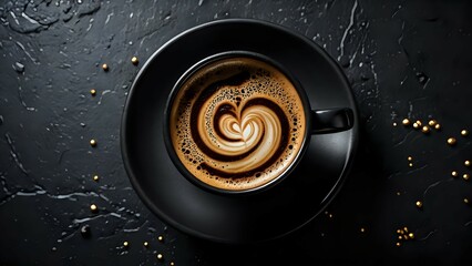 Indulge in the rich aroma and exquisite latte art of this expertly crafted coffee, presented on a sleek black saucer against a dark, textured background.