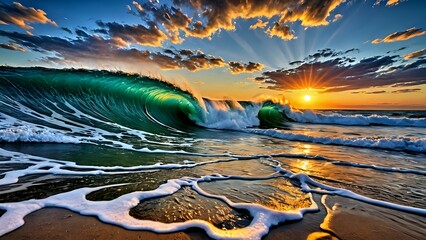 Dramatic sunset over ocean with powerful wave breaking, vibrant colors, golden light, nature photography.