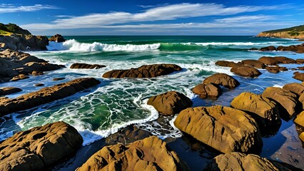 Dramatic ocean waves crashing against rocky coastline under a vibrant blue sky. Stunning seascape photography ideal for travel brochures, websites, and more.