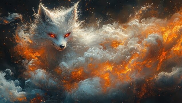 Fiery White Fox with Mystical Art.