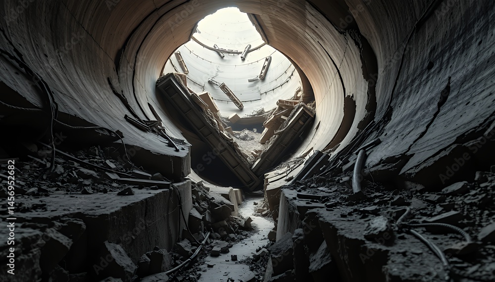 Poster abstract monochrome pixelated tunnel collapse art depicting deconstruction and decay with fractured 