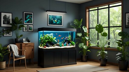Modern living room interior featuring a large aquarium, vibrant plants, and stylish décor. Perfect for home design, interior design, and aquarium hobby websites.