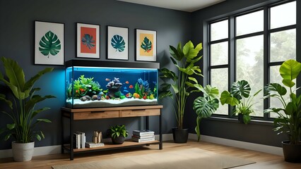 Modern living room interior with large aquarium, tropical plants, and minimalist decor. Perfect for home decor, interior design, and aquarium enthusiasts.