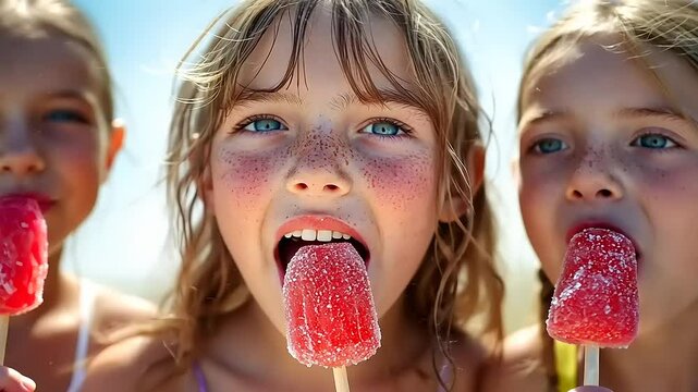 Three girls enjoying popsicles on a sunny day