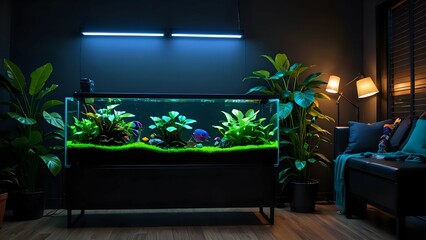 Modern living room interior with a large, planted aquarium featuring colorful fish, illuminated by LED lights, next to a stylish black sofa and lush houseplants.