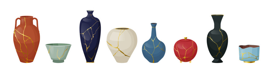 Japanese vase. Broken ceramic vessel, japan pottery with different gold lacquer. Kintsukuroi dish technique. Clay and porcelain interior pottery. Traditional asian ornament. Vector set