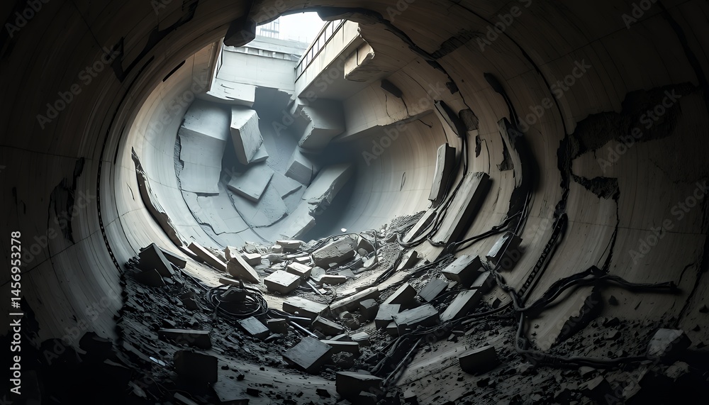 Poster collapsed concrete tunnel ruins featuring damaged architecture and debris in a scene of destruction,