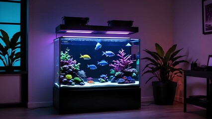 Modern home interior featuring a sleek, illuminated aquarium with vibrant fish and aquatic plants, creating a calming and stylish atmosphere.