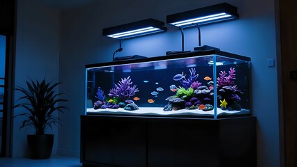 A large, modern aquarium filled with colorful fish and vibrant coral, illuminated by LED lights, sits in a contemporary home interior.