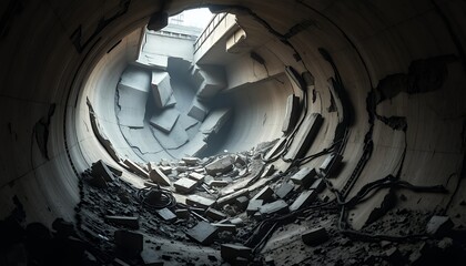 Collapsed Concrete Tunnel Ruins Featuring Damaged Architecture and Debris in a Scene of Destruction, Showcasing Urban Decay and Crumbling Structures with Stone Blocks and Grey Palette