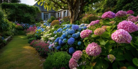 Stunning Hydrangea Blooms in a Brittany Garden: A Flourishing Display of Pink, Blue, and Green Nature