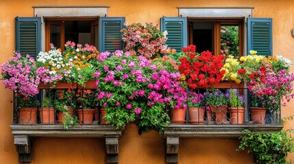 Fototapeta premium Balcony with vibrant blooming flowers in clay pots