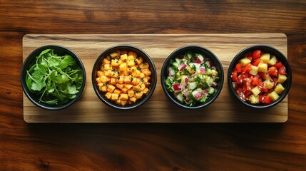 Four small bowls of prepared salsas and salads arranged on a wooden board