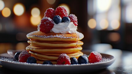 A stack of golden pancakes topped with fresh raspberries, blueberries, and a dollop of whipped cream. 