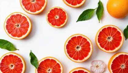 fresh grapefruit arranged in the top center corner on a white background, in a simple food photography style, with diffused lighting softness, clear empty areas, high resolution
