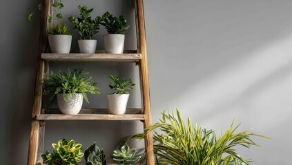 Houseplants on Rustic Wooden Ladder Shelf Against Gray Wall