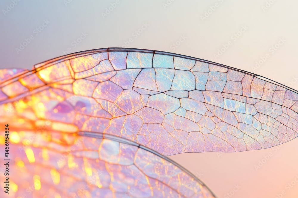 Poster close-up of a dragonfly wing, showcasing its intricate cellular structure and iridescent colors agai