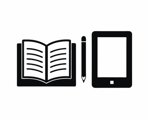 Text book with pencil icon vector silhouette illustration isolated on white background