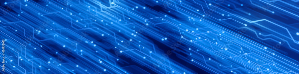 Poster abstract blue technology background depicting a complex digital circuit network, representing data f