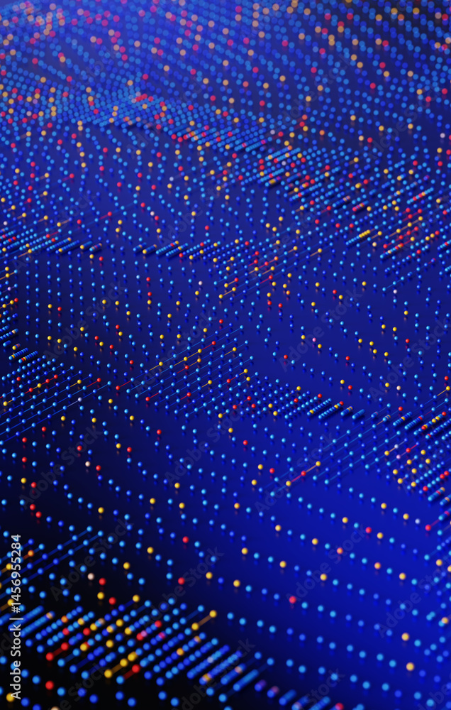 Poster abstract pattern of blue, red, and yellow digital dots on a dark blue gradient forms a data matrix a
