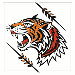 Vector illustration of tiger head in traditional style for tattoo on white background

