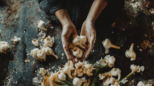 Hands mixing homemade dough with flour on rustic kitchen table