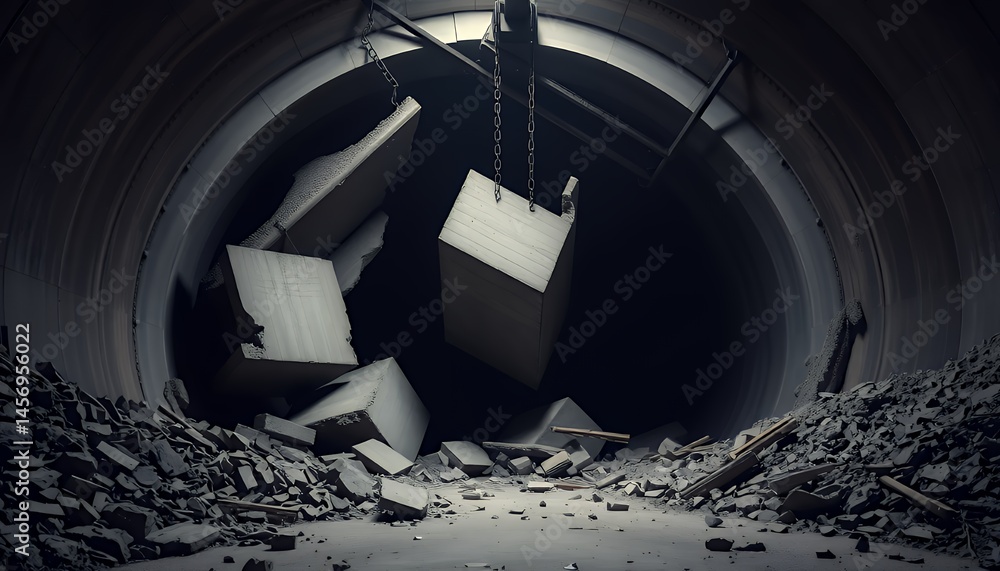 Poster abstract pixelated crumbling tunnel with suspended geometric fragments in monochromatic palette for 