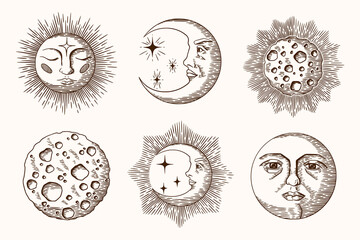 Moon and sun face. Vintage antique drawing, graphic celestial sky or esoteric crescent engraving. Retro etching. Boho style decorative mystery isolated space elements. Vector illustration