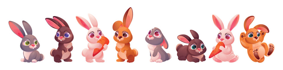 Cute rabbit. Cartoon easter bunny, hare pet characters or farm in different poses, forest animals. Funny various isolated set. Domestic mammals for holidays. Vector childish illustration