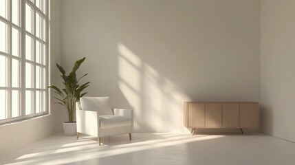 Fototapeta premium 3D rendering of a mockup wall in a white living room interior with an armchair and wooden cabinet, a plant on the side, in a minimalist style. All in focus, with brightness and daylight, 