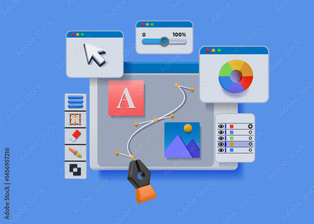 Poster 3D design icons. Website graphic render. Illustrator create UX UI web desk. Paint software customization. Laptop editing screen. Computer interface. Webpage designer. Vector background