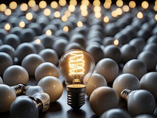 "Bright Ideas: One Illuminated Lightbulb Shining Among Unlit Bulbs"