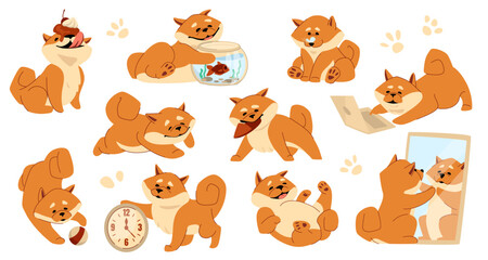 Fototapeta premium Cute dog. Funny puppy pet, animal play characters for happy birthday or business activity, life work concept, japanese breed kawaii shiba animal, funny mascot. Vector cartoon flat set