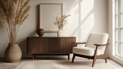 3D rendering of a mockup white wall in a living room interior with an armchair and wooden sideboard table on an empty floor, a window with natural light, and plant decoration. Scandinavian-style home 