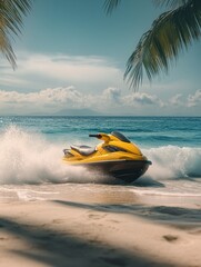 Fototapeta premium A thrilling jet ski adventure on a sunny beach with blue ocean water