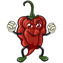 character mascot of a carolina reaper chili cartoon vector isolated clip art illustration clenching both hands, work of hand drawn