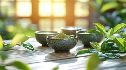 Green tea powder in small bowls, surrounded by fresh leaves