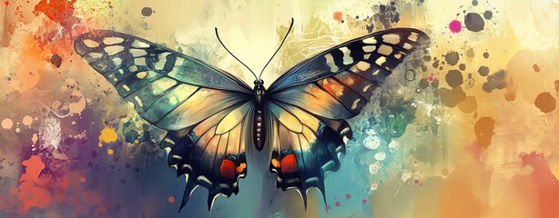 sketchbook drawing soft blend traditional pastel look butterfly Colorful butterfly on a vibrant abstract background.