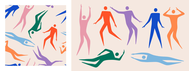 Human body. People dance figure, vintage man and woman art, unisex men print. Diverse, freedom fashion texture. Textile, wrapping paper, wallpaper. Print for fabric. Vector pattern