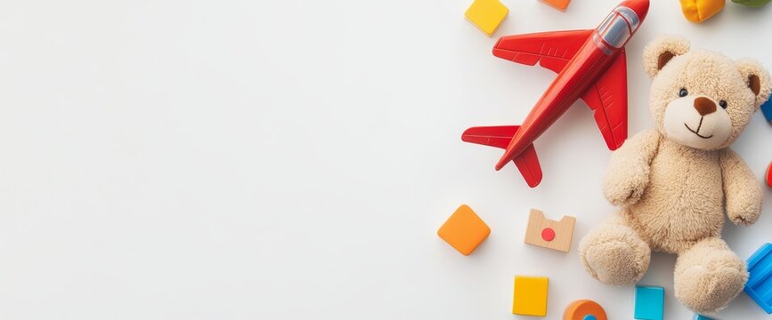 Baby kids toys are arranged within a frame on a white background, viewed from the top and presented in a flat lay, providing space to insert text