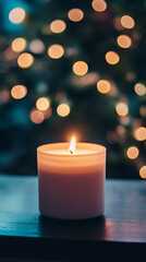 A single pillar, candle_burning, with, a, flickering, candle, christmas, decoration, glowing,...