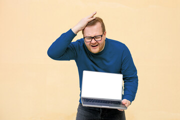 A perplexed Caucasian man furrowing brows over laptop, conjuring digital dilemmas, World Backup Day musings, pixelated conundrums, bewilderment aura