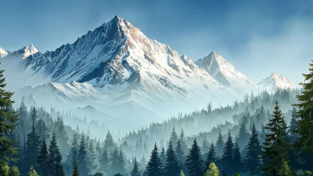 Majestic snow-capped mountain peak above a misty forest.  Dense pine trees fill the valley below, bathed in soft sunlight