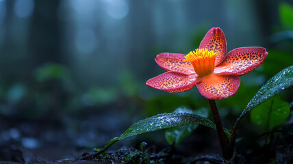 vibrant orange flower with intricate patterns, surrounded by lush green foliage and droplets of water, evokes sense