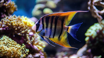 Naklejka premium Vibrant angelfish in coral reef aquarium