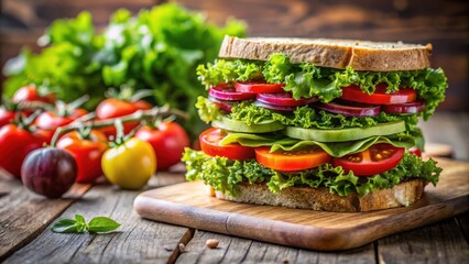 A vibrant, layered vegetable sandwich on whole grain bread, artfully arranged on a rustic wooden board, surrounded by fresh produce